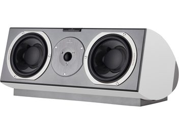 Cassa centrale AudioVector R Center Signature bianca e grigio metallizzato, cabinet rettangolare con fianchi arrotondati vista di tre quarti anteriore, pannello frontale in metallo spazzolato con due woofer neri con bordo argentato e un tweeter circolare centrale