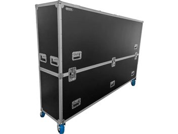 Musta Power Acoustics Flight écran 90/100 -kuljetuskotelo näytölle, hopeanvärisillä vahvikkeilla ja sinisillä pyörillä