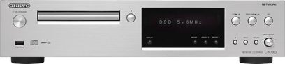 Onkyo C-N7050 sølvfarvet CD-afspiller, frontpanel med display, knapper og stik, set forfra