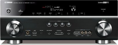 Yamaha RX-V771 sort hjemmebiografsforstærker, set forfra, sort front med blå LCD-skærm, knapper og stik i sølvfarvet metal