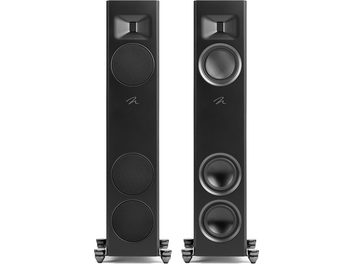 Diffusori a colonna MartinLogan Motion F10 nero laccato, vista frontale, 2 altoparlanti circolari visibili su uno, coperture sull'altro