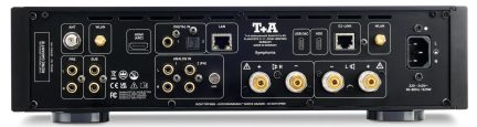 Černý zesilovač T+A Symphonia, pohled zezadu s konektory RCA, HDMI, USB, síťovým konektorem a reproduktorovými svorkami