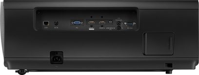 Benq W11000 videoprojektor, bagside, HDMI-, USB-, VGA-, RS-232-, LAN-, IR IN- og PC-tilslutninger, tænd/sluk-knap