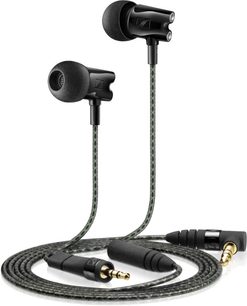 Sennheiser IE 800 sorte in-ear hovedtelefoner med skummemballage, flettet grøn kabel og vinklet guldbelagt jackstik