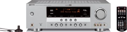 Ampli home-cinéma Yamaha RX-V363 argenté, vue de face, façade avec boutons, molettes, afficheur, prise casque et port USB