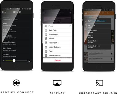 Tre skærmbilleder fra Spotify Connect-mobilappen, der viser mulighederne for at oprette forbindelse til forskellige højttalere