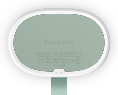 Přenosný bluetooth reproduktor Sonos Play bílý, oválné pastelově zelené pozadí s odpovídajícím popruhem, pohled zespodu