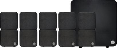 Cambridge Audio MSX20 5.1 kompakt højttalerpakke sort, fem satellitter og subwoofer set forfra