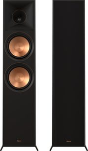 Sloupové reproduktory Klipsch RP-8000F II ebony edice 2022, černý povrch, pohled zepředu, dva viditelné reproduktory
