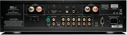 Stereo integreret forstærker Musical Fidelity M5xi, set bagfra med højttalerterminaler og digitale og analoge lydforbindelser