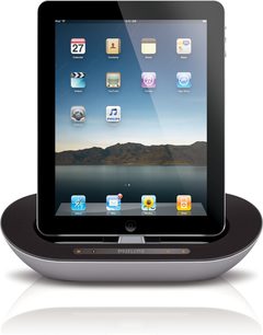 Philips DS3500 dockingstation til iPad, oval form, metallisk grå base, touchskærm der viser applikationsikoner, set forfra