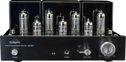 Amplificatore integrato stereo a valvole Line Magnetic LM-84IA nero, vista frontale, valvole visibili e grande manopola del volume