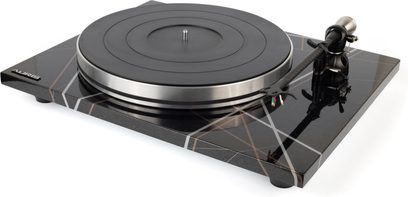 Auris Audio Funky läikiv must geomeetriliste mustritega vinüülplaadimängija, hõbedase taldriku ja musta toonarmiga
