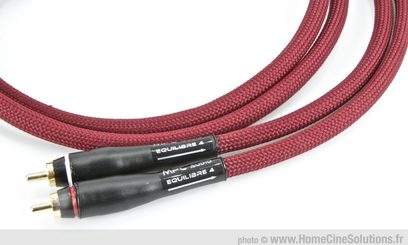 Câbles audio RCA MPC Audio Equilibre 4 rouges torsadés, connecteurs RCA noirs et rouges, gros plan sur extrémités