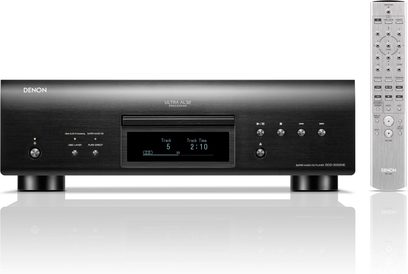 Hi-fi CD-afspiller DCD-3000NE sort med rektangulær front, centralt display, cirkulære knapper, cylindriske fødder og sølvfarvet fjernbetjening