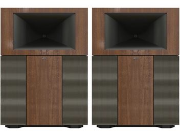 Enceintes colonnes Klipsch Jubilee noyer, face avant, grilles noires, haut-parleurs visibles, caissons bois foncé veiné