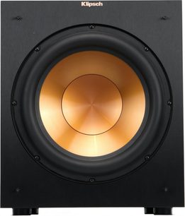 Subwoofer Klipsch R-12SW nero vista frontale con ampio altoparlante centrale ramato