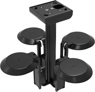 Supporto da soffitto nero per diffusori, composto da una base rettangolare e quattro bracci articolati con supporti circolari