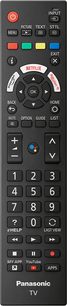 Telecomando nero Panasonic per televisore, con pulsanti multicolori e tastierino numerico, vista frontale