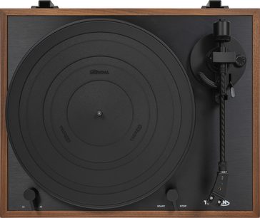 Giradischi Thorens TD 402 DD OAK 2R vista dall'alto, finitura rovere con piatto e braccio neri