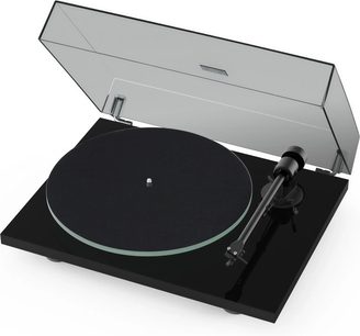 Pro-Ject T1 EVO Phono hi-fi turntable in glossy black with open transparent cover, circular platter, and tonearm