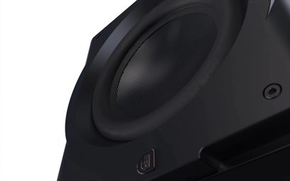 Perlisten R12s subwoofer, gezien vanuit een laag standpunt, zwarte getextureerde conus, afgeronde rand, zichtbare zeskantschroef
