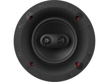 Enceinte encastrable noire Klipsch DS-160-CSM Sky Hook, vue de face, deux haut-parleurs ronds, quatre fixations rouges