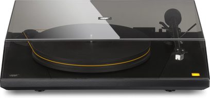 Πικάπ βινυλίου Mofi Electronics UltraDeck + UG μαύρο, κλειστό καπνιστό καπάκι, μαύρο πλατό με κίτρινο περίγραμμα, εμπρόσθια όψη