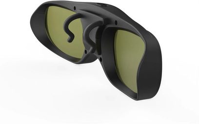 Black XGIMI active 3D glasses with green-tinted lenses, rear three-quarter view
