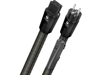 Due cavi di alimentazione neri Audioquest Thunder IEC19 1m, connettori IEC e prese di corrente, vista frontale