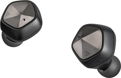 Auricolari wireless in-ear Astell&Kern AK UW100 neri, visti di fronte e di profilo, con motivi geometrici grigi