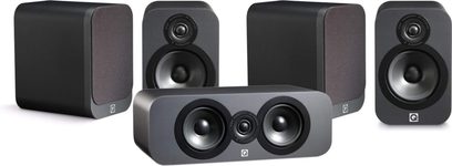 Sada regálových reproduktorů Q Acoustics 3020 tmavě šedá, 3 kompaktní reproduktory a 2 sloupové, černé reproduktory