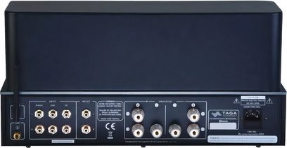 Amplificatore integrato stereo a valvole (tubi) Taga Harmony TTA-1000BT, vista posteriore, 6 connettori RCA, 4 terminali di uscita per altoparlanti, 1 antenna, 1 interruttore