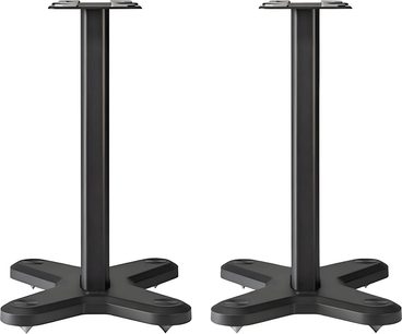 Monitor Audio ST-2 svarta högtalarstativ i metall, sedd framifrån, raka pelare på kryssformade baser med spikes