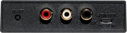 Lettore audio di rete Nuprime Omnia Stream Mini DAC nero, vista frontale, 3 prese jack e 1 USB-C allineate sul pannello frontale trama