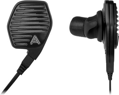 Audeze LCD-i3 sort hovedtelefoner, set fra venstre profil og front, med hexagonal metalrist, læderbetrukket hovedbøjle og ørepuder