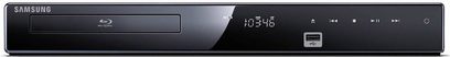 Samsung BD-P1580 sort Blu-ray-afspiller, frontvisning, LED-display, USB-port, kontrolknapper, Blu-ray Disc-logo