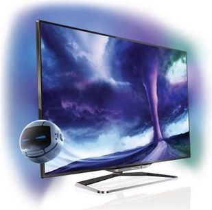 Philips 46PFL8008K TV set i 3/4 frontperspektiv, fladskærm der viser en lilla og blå hvirvel, buet metalfod