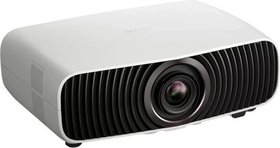White Epson EH-LS7000 projector, front three-quarter view with central lens and ribbed black front panel