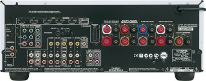 Onkyo TX-SR607 sort audio/video-forstærker, bagside, nærbillede, mange stik og tilslutninger