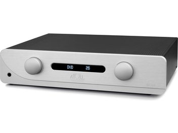 Ampli hi-fi integrált sztereó Atoll Electronique IN300 Evolution ezüst színben, előlről nézve, kör alakú gombokkal, középső kijelzővel