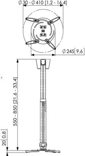 Teknisk diagram over Vogel's PPC 2555 sølvfarvet loftbeslag til videoprojektor, med dimensioner og eksploderet visning af komponenter
