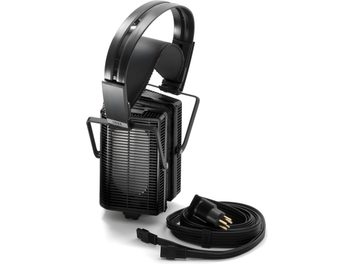 Ανοιχτά ακουστικά hi-fi STAX Lambda SR-L500 MK2 μαύρο χρώμα, αριστερή πλάγια όψη, με αποκλειστικό καλώδιο και ενισχυτή
