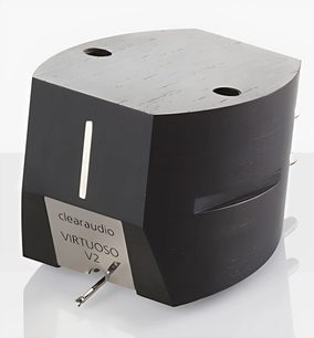 Oktogonal træ sort ClearAudio Virtuoso v2 pladespiller cellehus, to runde huller, hvid etiket