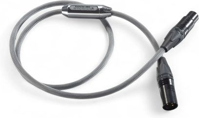 Siltech Explorer 180ix XLR cable, gray braided sleeve, black metal connectors and cylindrical module, top view