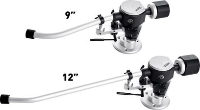 Arm til pladespiller AS-212R 9INCH reference tonearm, sidevisning, buet sølvfarvet rør, cirkulær base, sort kontravægt