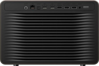 Hisense XR10 sort videoprojektor, set bagfra med ventilationsgitre samt HDMI-, USB-, netværks- og lydporte