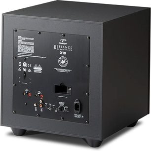 Paradigm Defiance X10 sort satineret subwoofer, frontvisning, frontpanel med kontroller og tilslutninger, mat sort kubisk kabinet