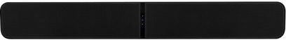 Černý soundbar BlueSound PULSE SOUNDBAR, obdélníkový, podlouhlý tvar, černá mřížka na přední straně, svítící modrá LED dioda