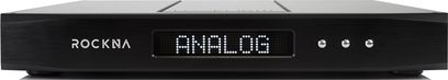ROCKNA Wavelight PRE/DAC sort stereo-forforstærker, frontvisning, "ANALOG" vist på LED-skærm, 3 drejeknappper